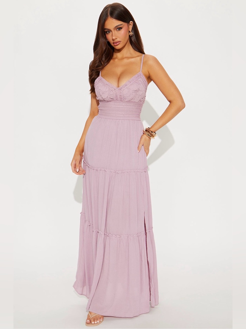Lace-Detail Spaghetti Strap Maxi Dress in Mauve